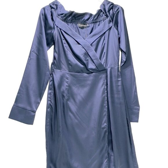 PRETTY LITTLE THING Women's Dress Blue Silky Maxi Ruffled Side Seam Slit Size 4 - Picture 3 of 7